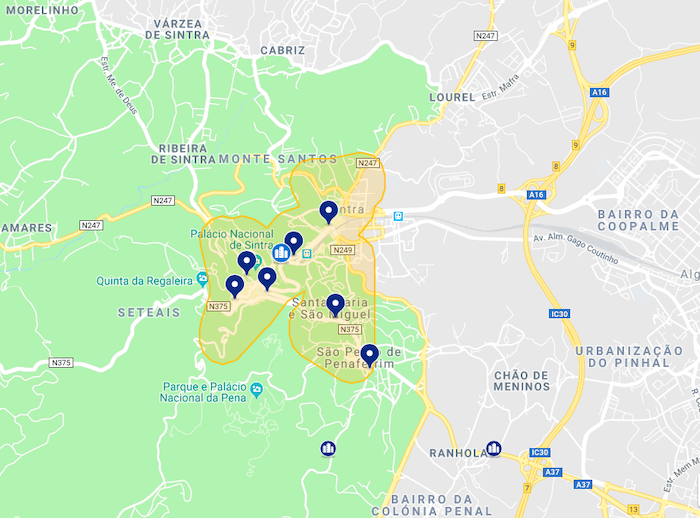 Mapa de onde ficar em Sintra - centro Mapa de onde ficar em Sintra - centro