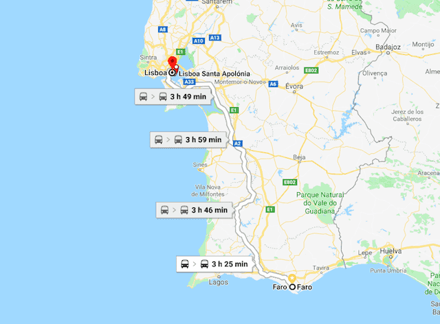 Mapa do trajeto de Faro a Lisboa em trem Mapa do trajeto de Faro a Lisboa em trem