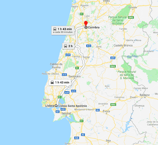 Mapa da viagem de Lisboa a Coimbra Mapa da viagem de Lisboa a Coimbra