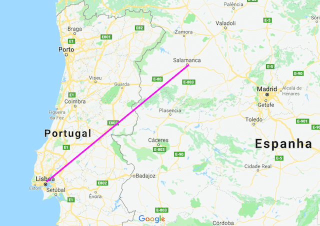 Mapa da viagem de trem de Lisboa a Salamanca Mapa da viagem de trem de Lisboa a Salamanca